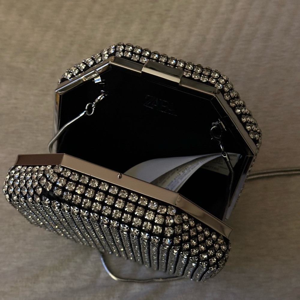 ZARA Rhinestone Octagon Minaudière Clutch – Silver/Black EVENT PURSE 😍